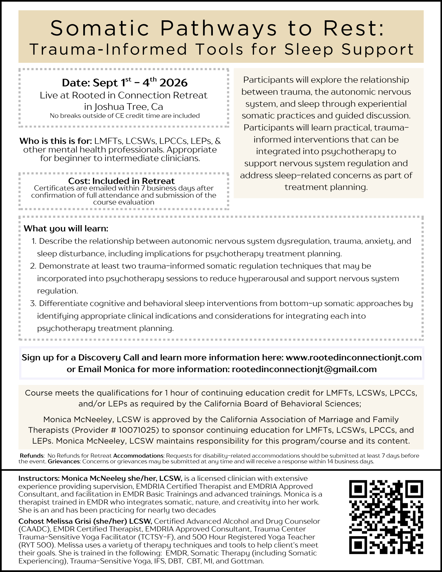 Workshop flyer: Somatic Pathways to Rest